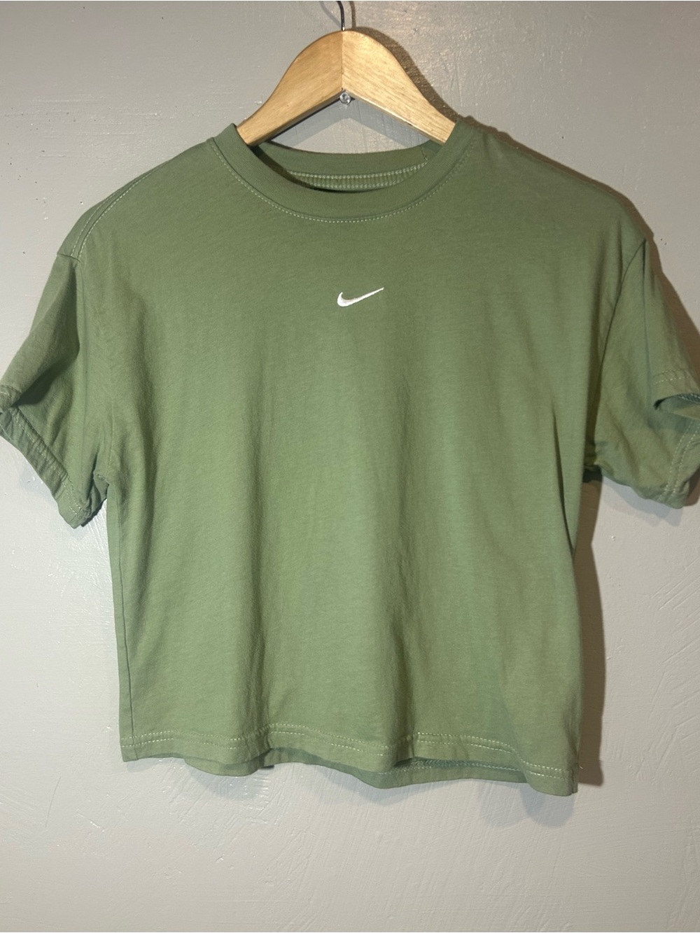 Nike Olive Green Crop T-Shirt with White Swoosh